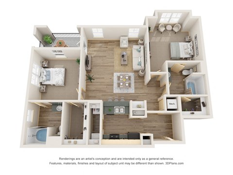 Floor plan for 2 beds, 2 baths, 1135 sqft